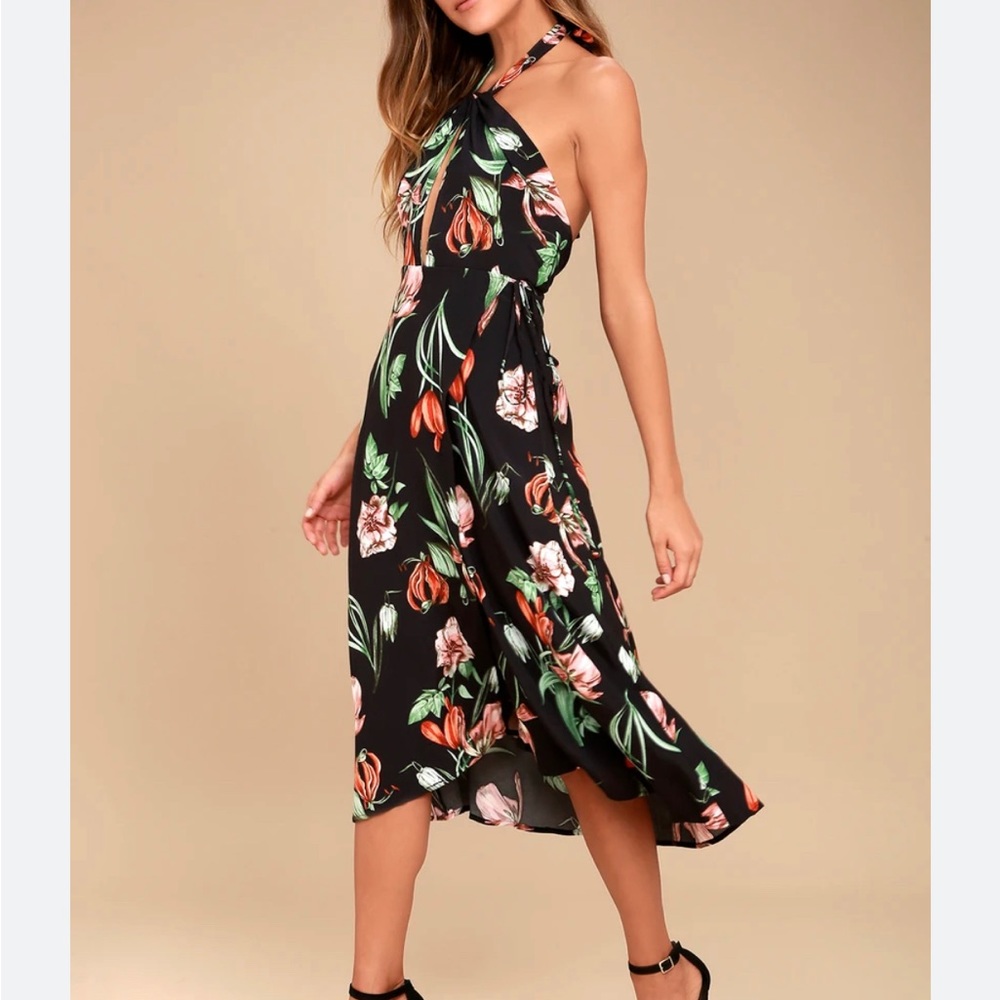 ASTR the Label Luciana Black Floral Print Wrap Midi Dress